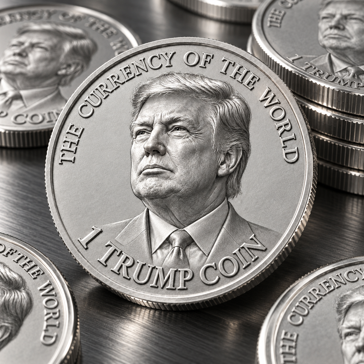 Detailed silver Trump coins arranged on a brushed metal surface