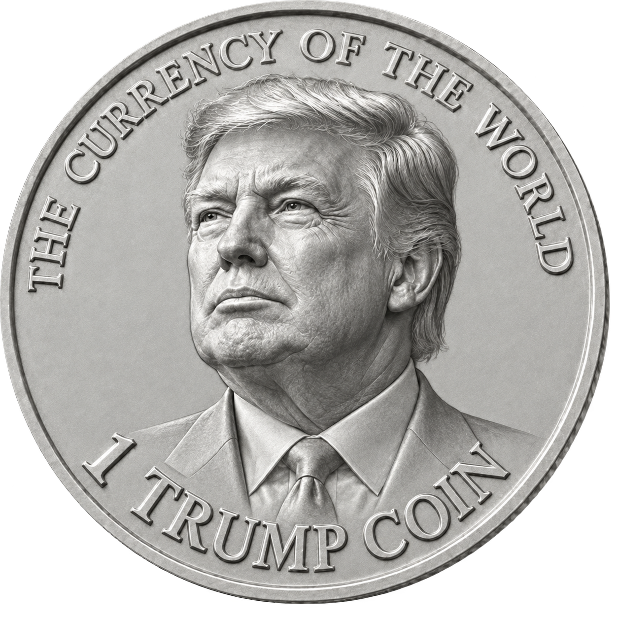 Silver coin with an engraved Donald Trump portrait and the inscription 1 TRUMP COIN