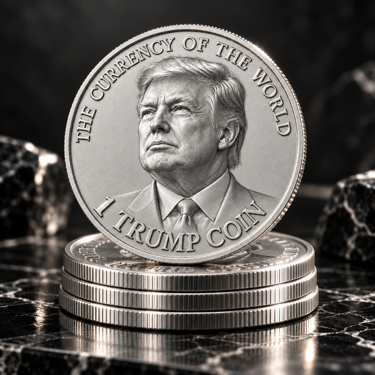 Silver Trump portrait coin upright on a stack of matching coins on dark marble